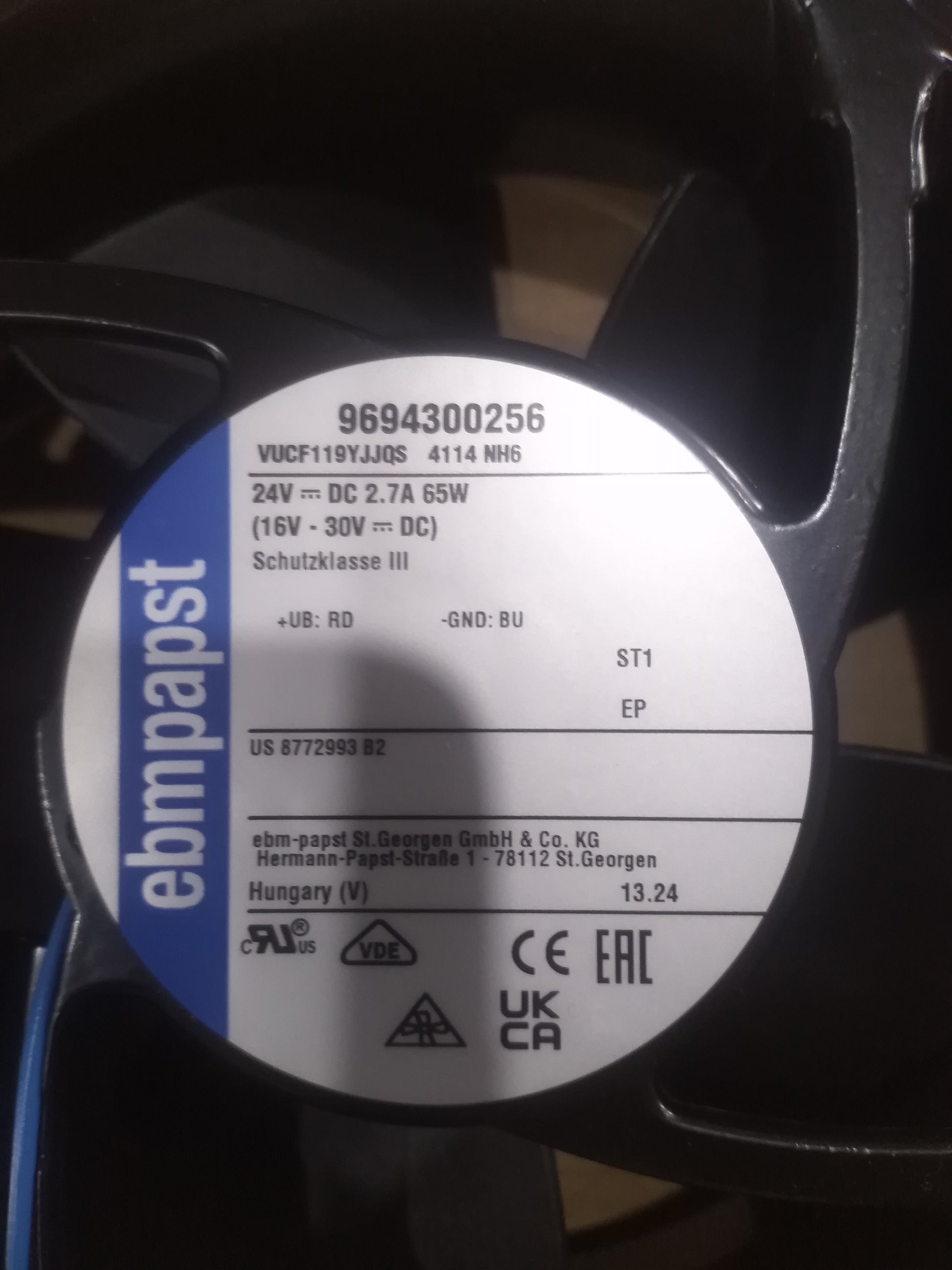 Nameplate detail of ebm-papst 4114NH6 compact fan