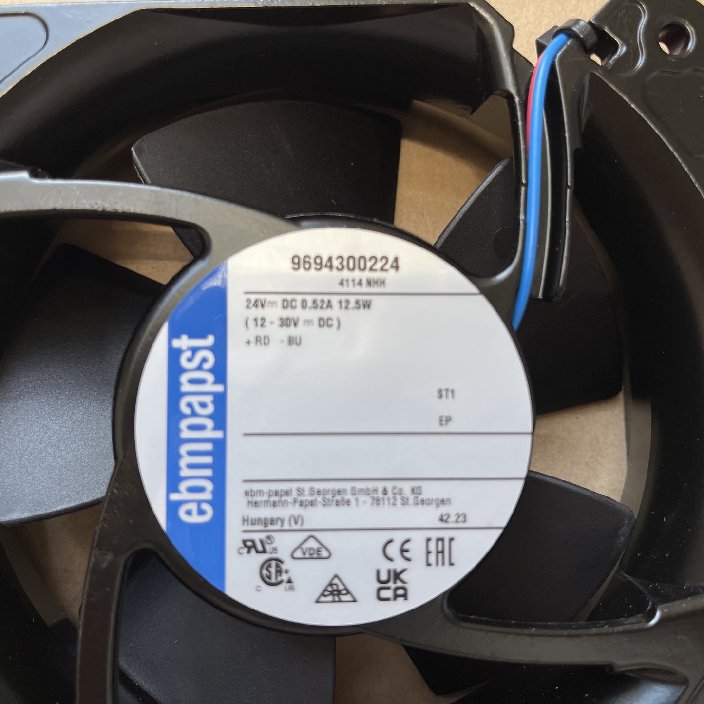 Nameplate detail of ebm-papst 4114NHH compact fan