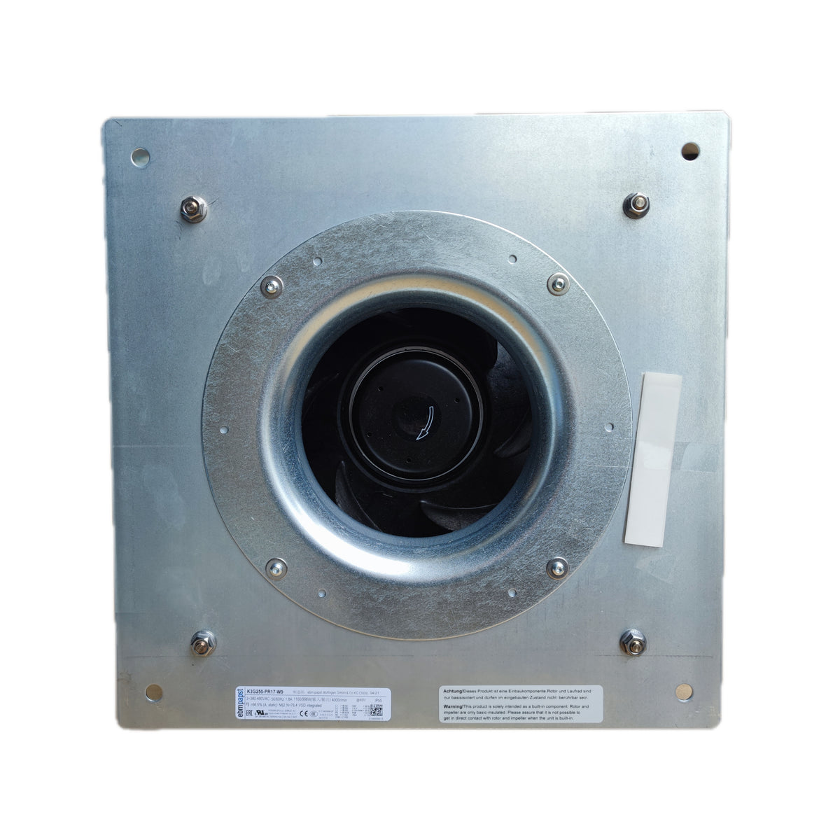 Front view of ebm-papst K3G250-PR17-W9 centrifugal fan