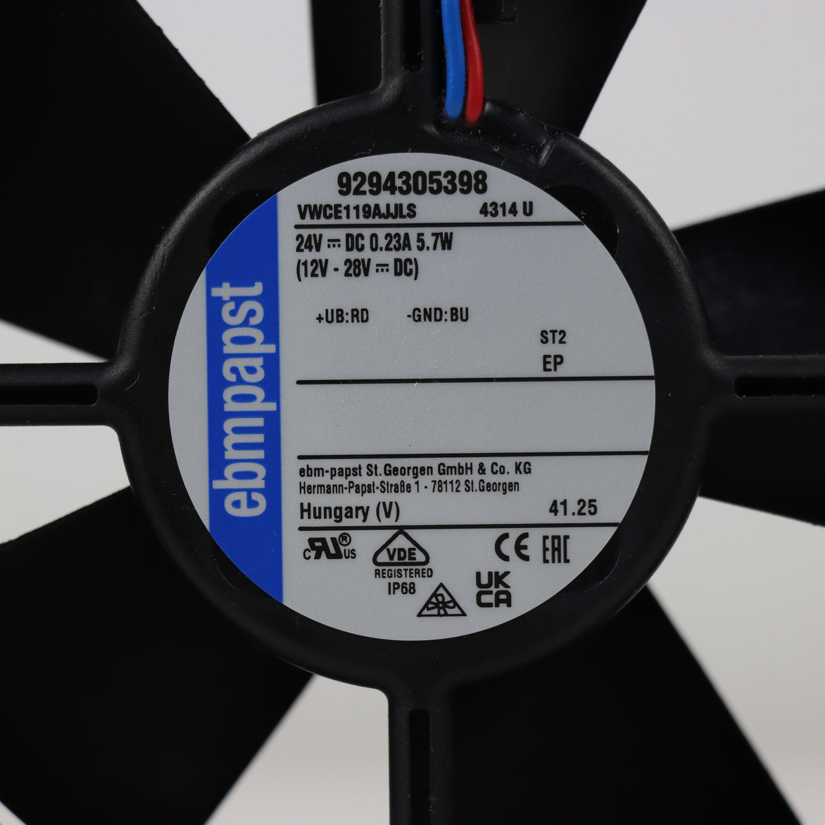 Nameplate detail of ebm-papst 4314U compact fan