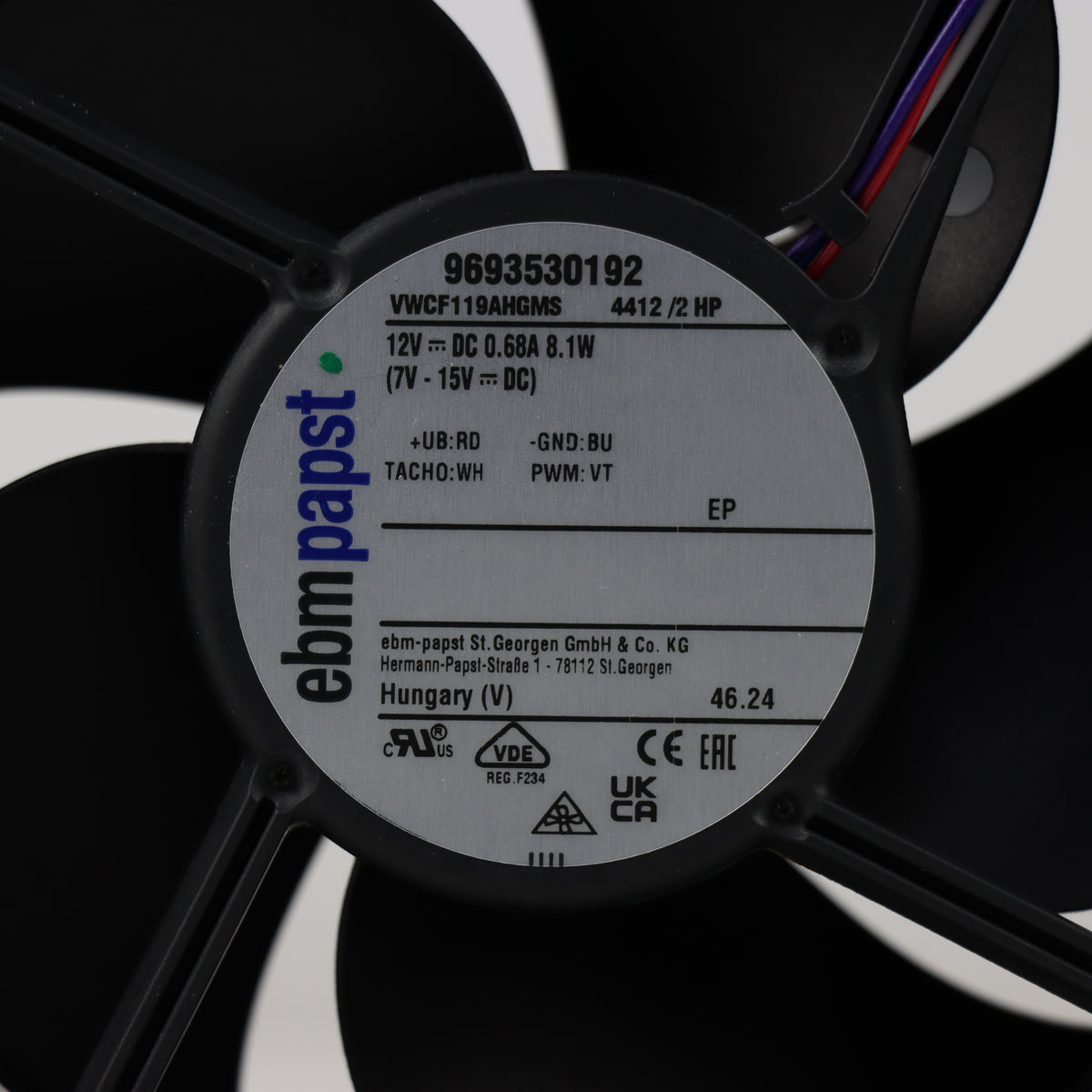 Nameplate detail of ebm-papst 4412/2HP compact fan