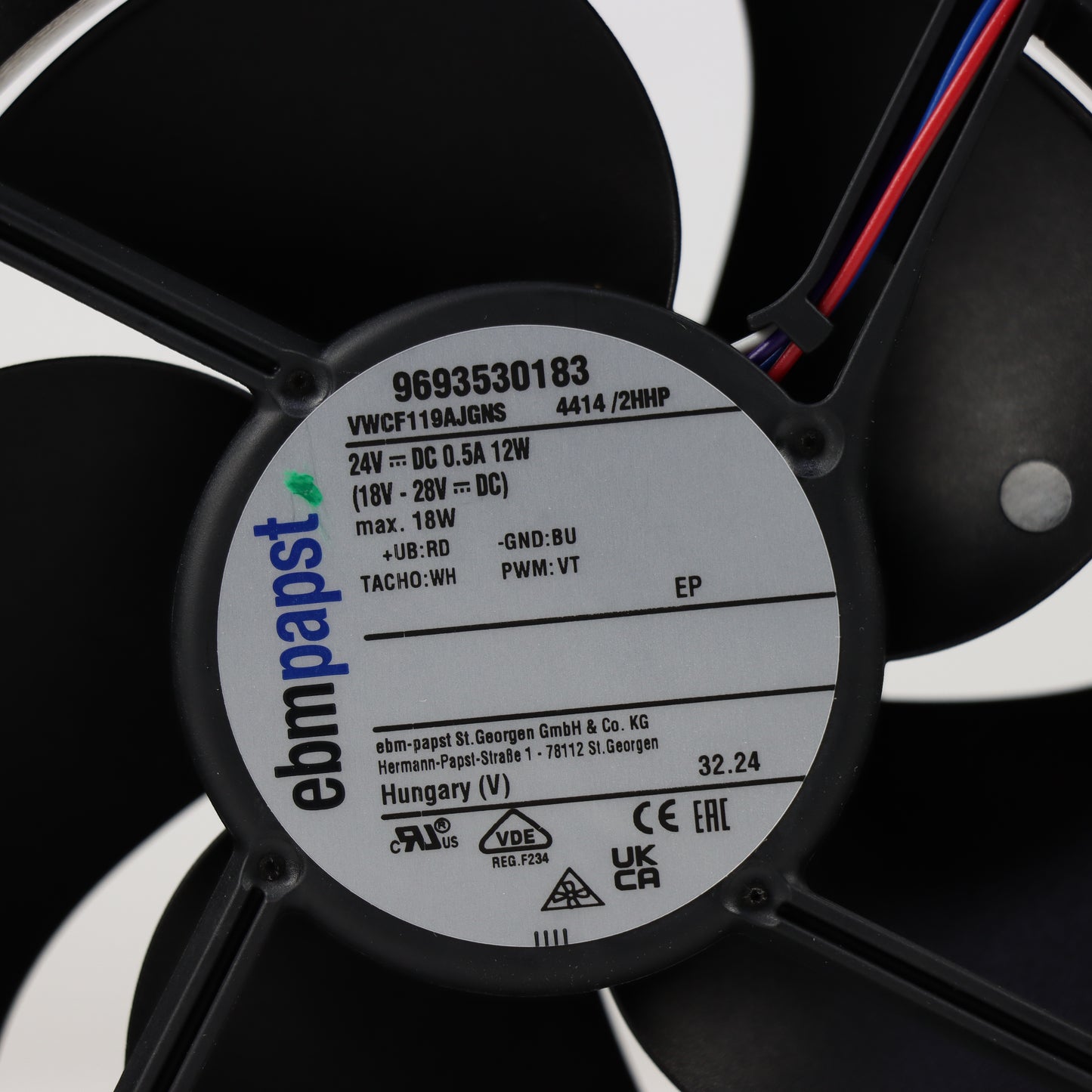Nameplate detail of ebm-papst 4414/2HHP compact fan