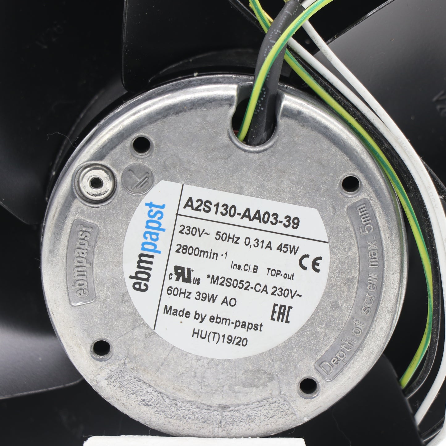 Nameplate detail of ebm-papst A2S130-AA03-39 axial fan