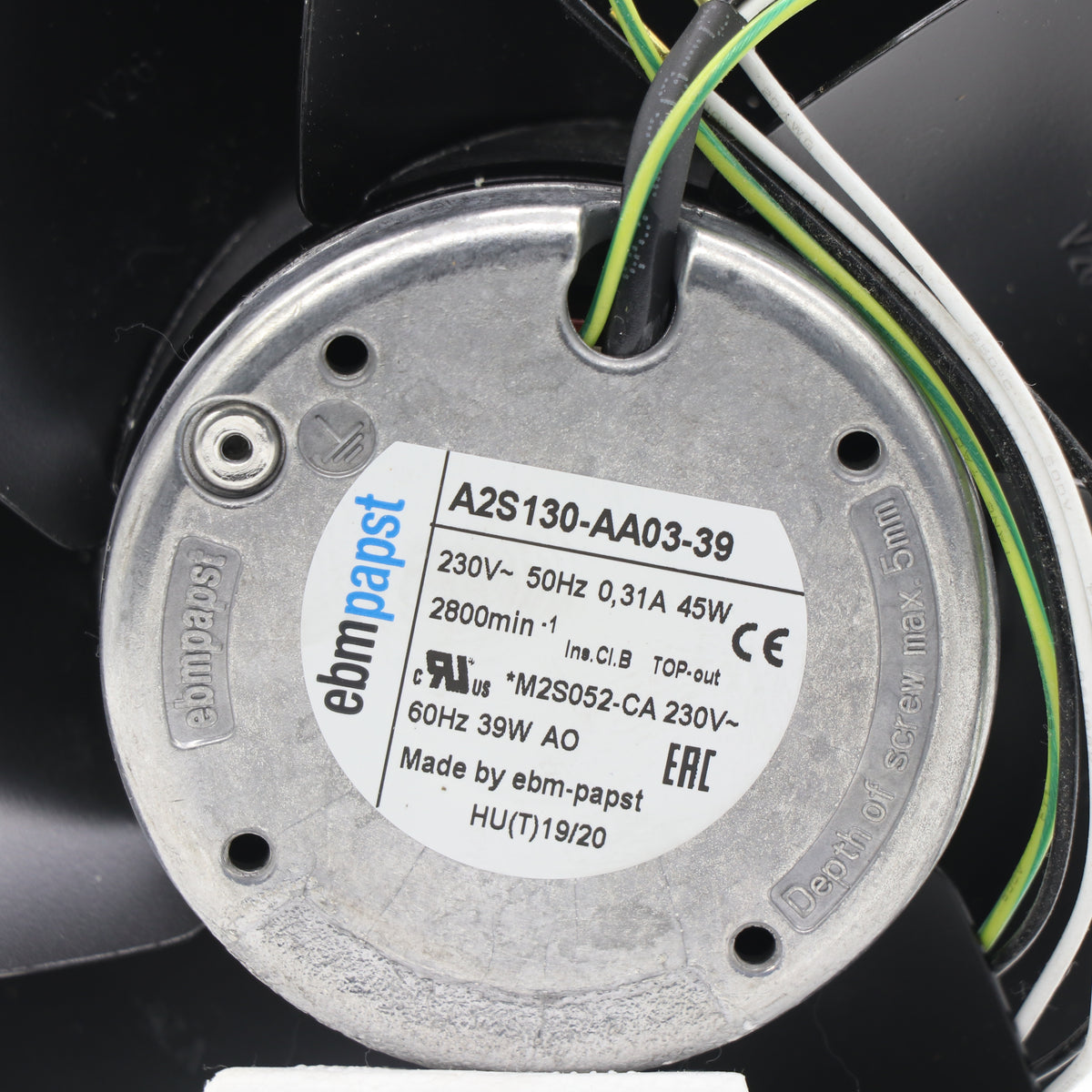 Nameplate detail of ebm-papst A2S130-AA03-39 axial fan