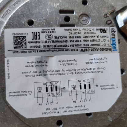 Nameplate detail of ebm-papst R4D450-AK01-01 centrifugal fan