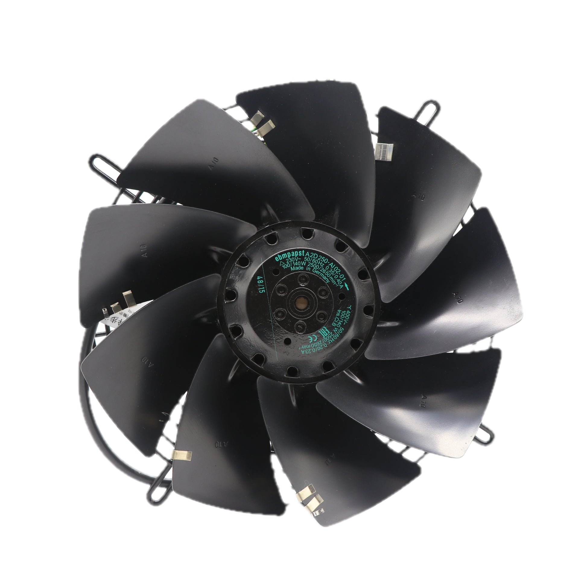 Front view of ebm-papst A2D250-AI02-01 axial fan