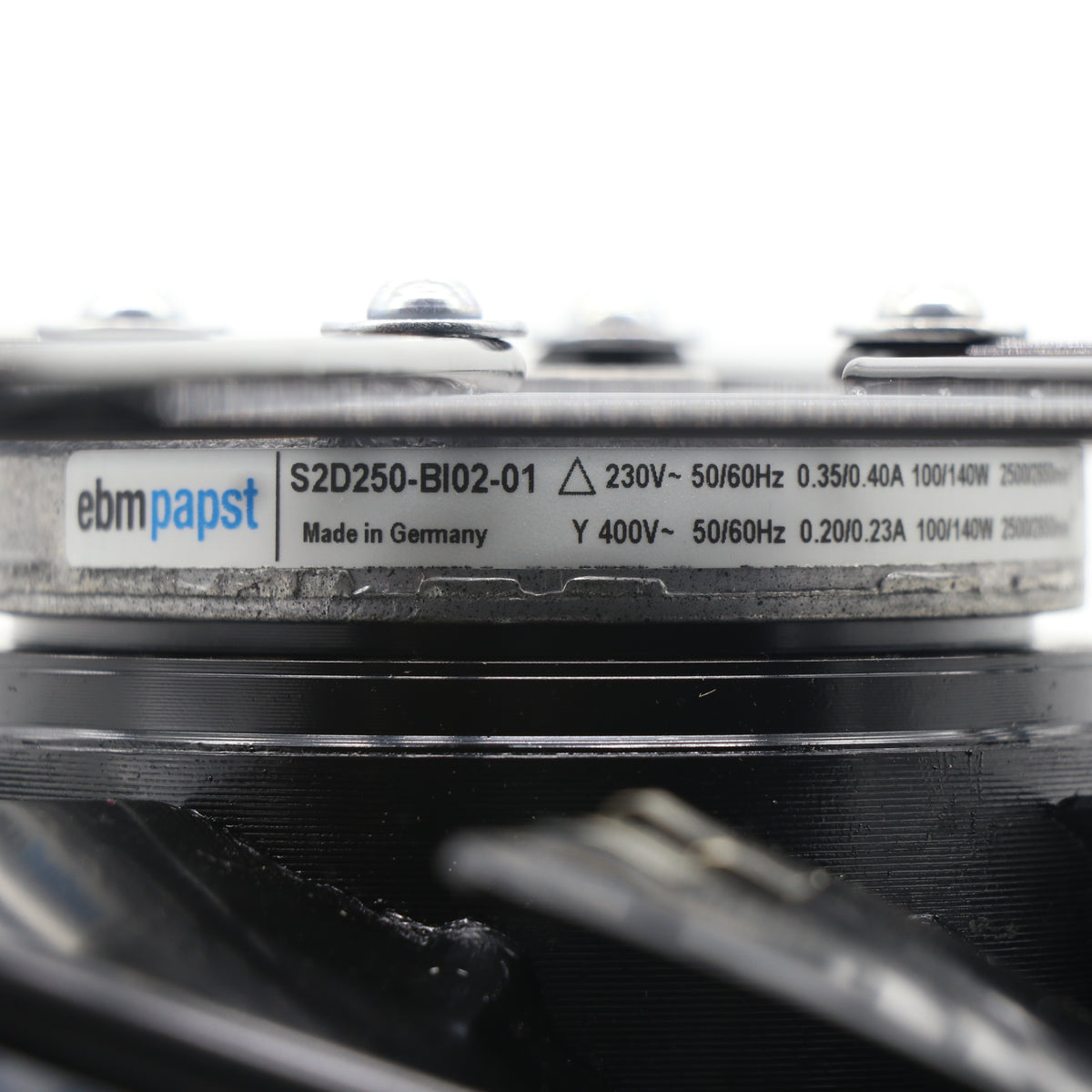 Nameplate detail of ebm-papst A2D250-AI02-01 axial fan