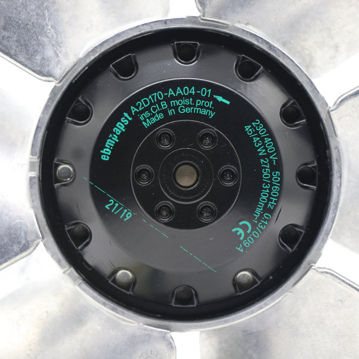 Nameplate detail of ebm-papst A2D170-AA04-01 axial fan