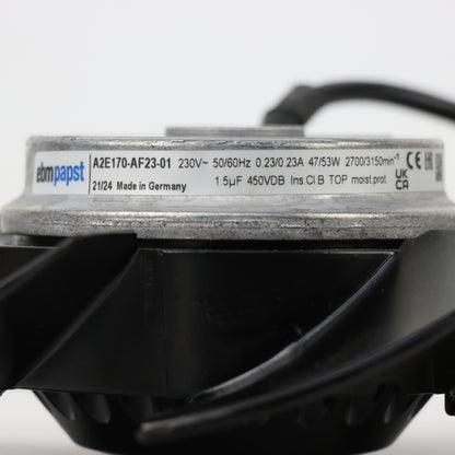 Nameplate detail of ebm-papst A2E170-AF23-01 axial fan