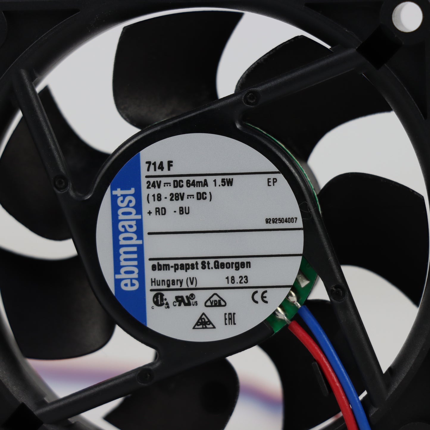 Nameplate detail of ebm-papst 714F compact fan