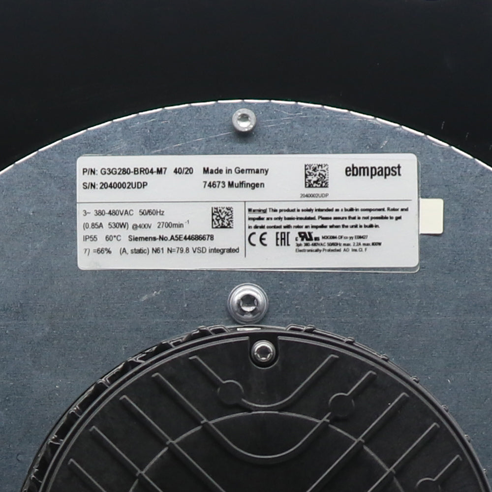 Nameplate detail of ebm-papst G3G280-BR04-M7 centrifugal fan