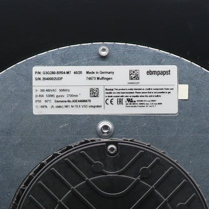 Nameplate detail of ebm-papst G3G280-BR04-M7 centrifugal fan