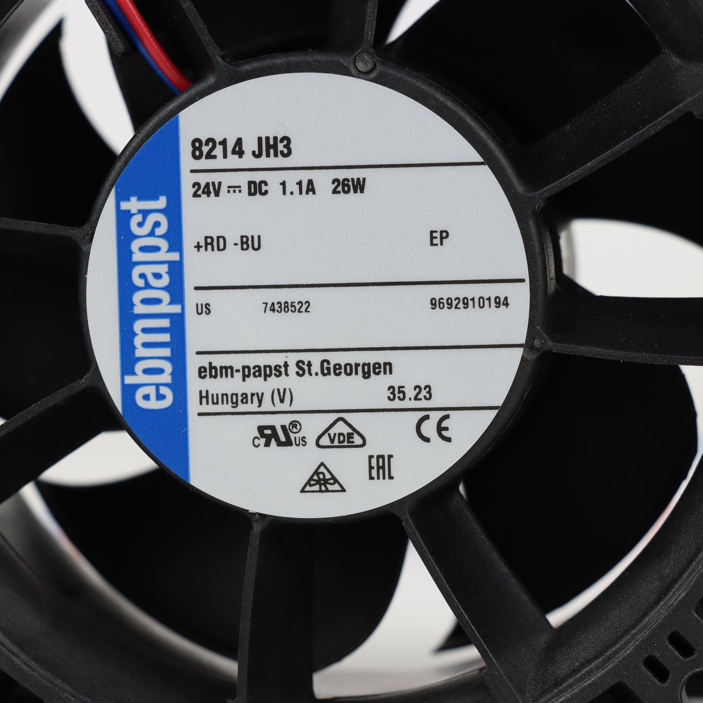 Nameplate detail of ebm-papst 8214JH3 compact fan