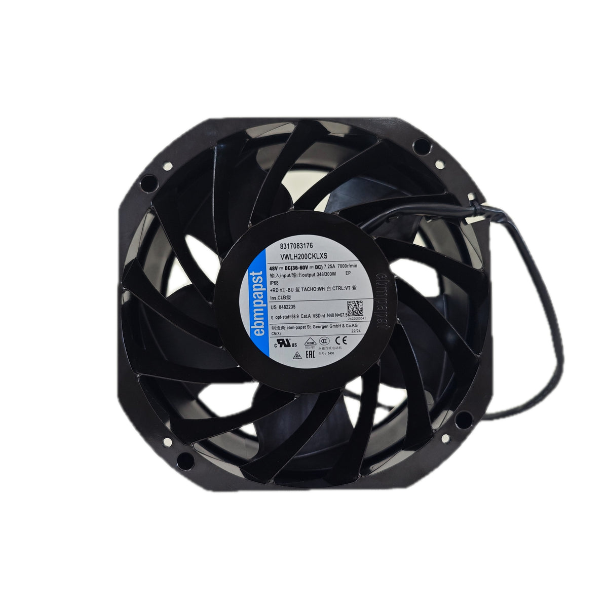 Back view of ebm-papst 8317083176-VWLH200CKLXS axial fan