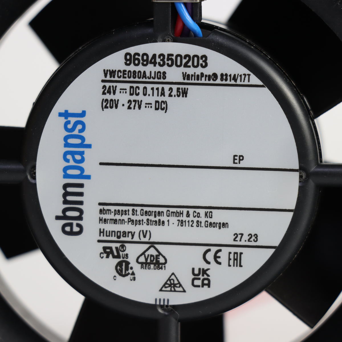 Nameplate detail of ebm-papst 8314/17T compact fan