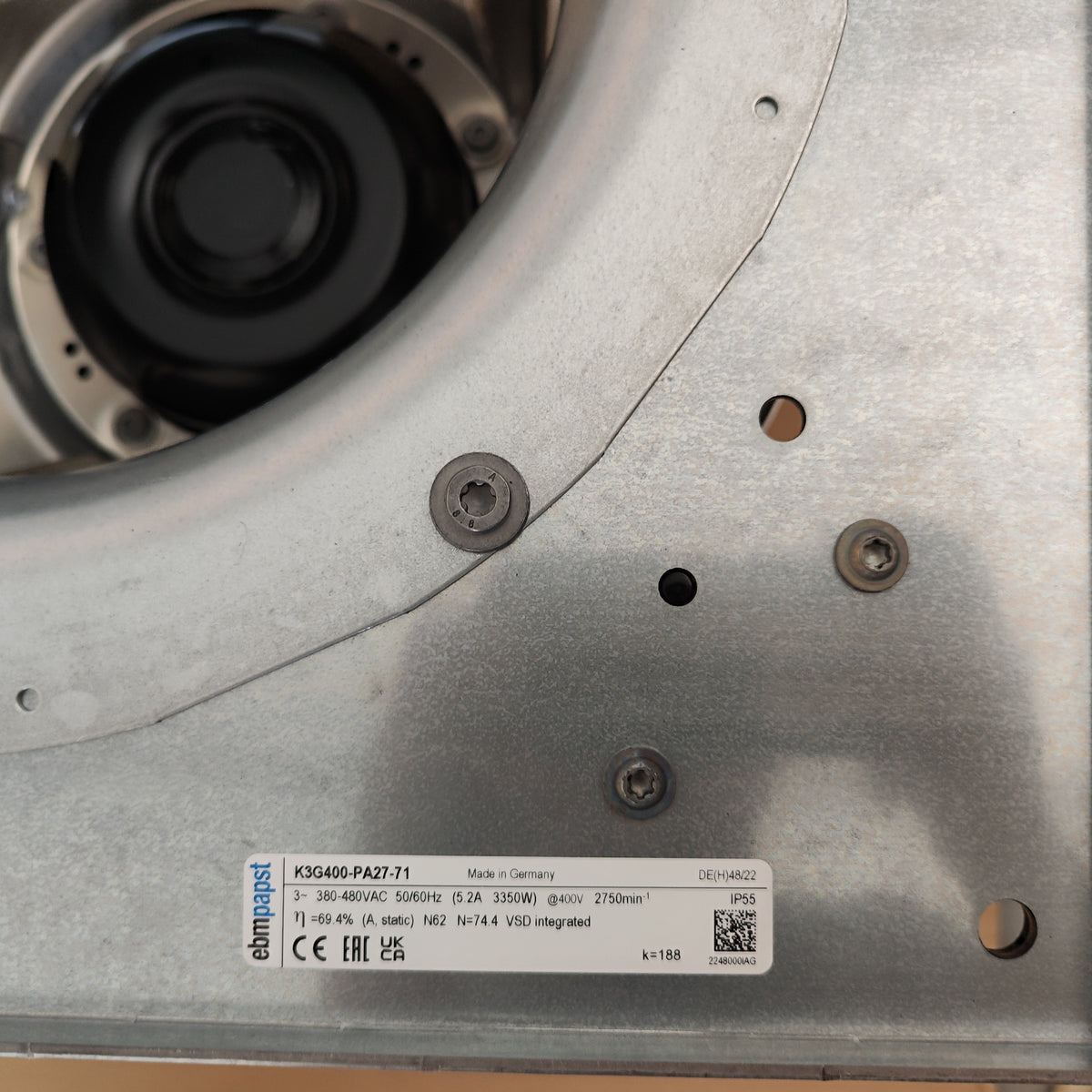 Nameplate detail of ebm-papst K3G400-PA27-71 centrifugal fan