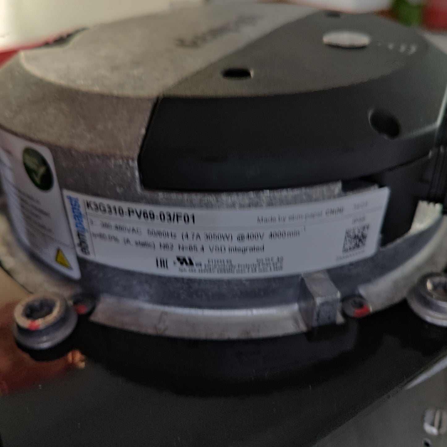 Nameplate detail of ebm-papst K3G310-PV69-03/F01 centrifugal fan