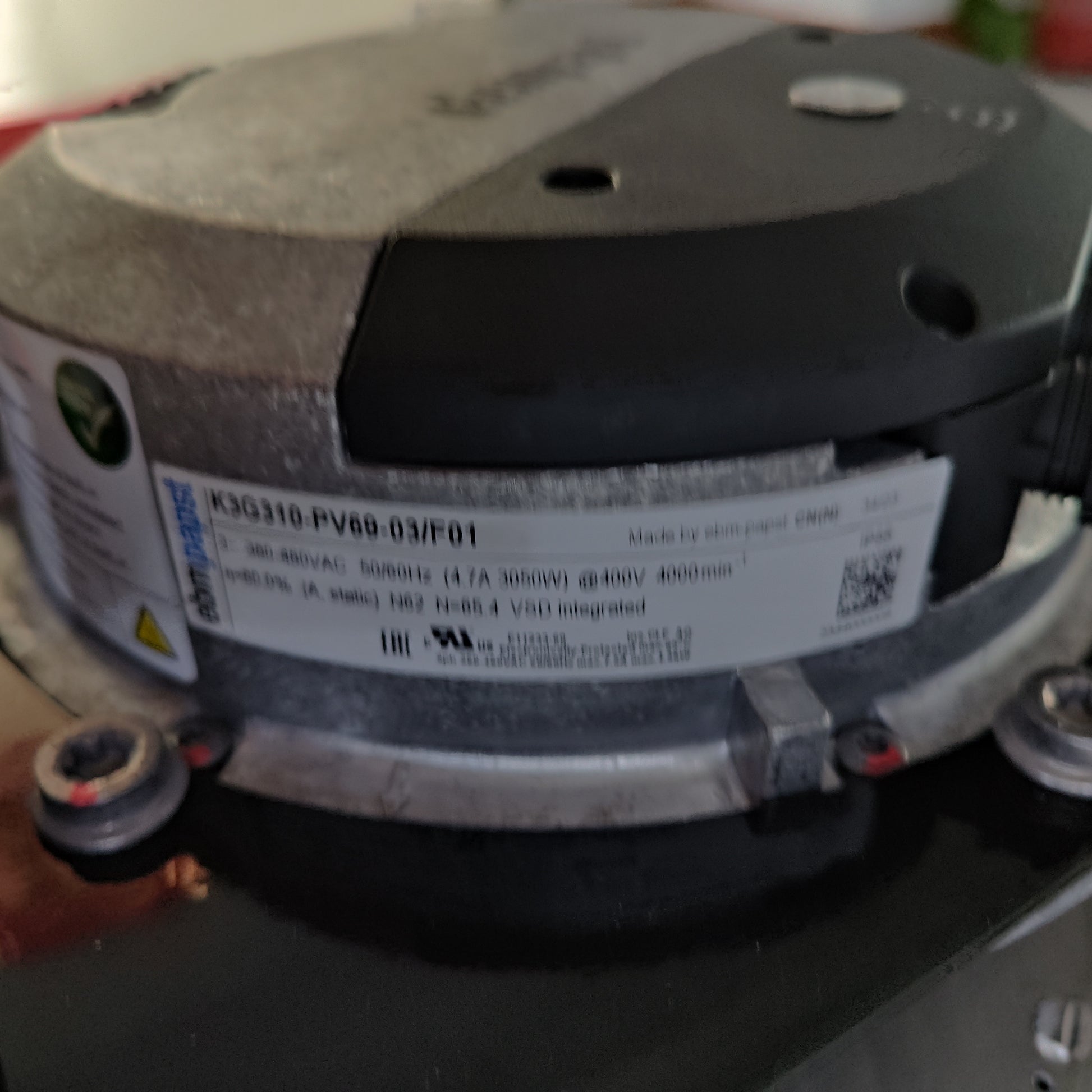 Nameplate detail of ebm-papst K3G310-PV69-03/F01 centrifugal fan