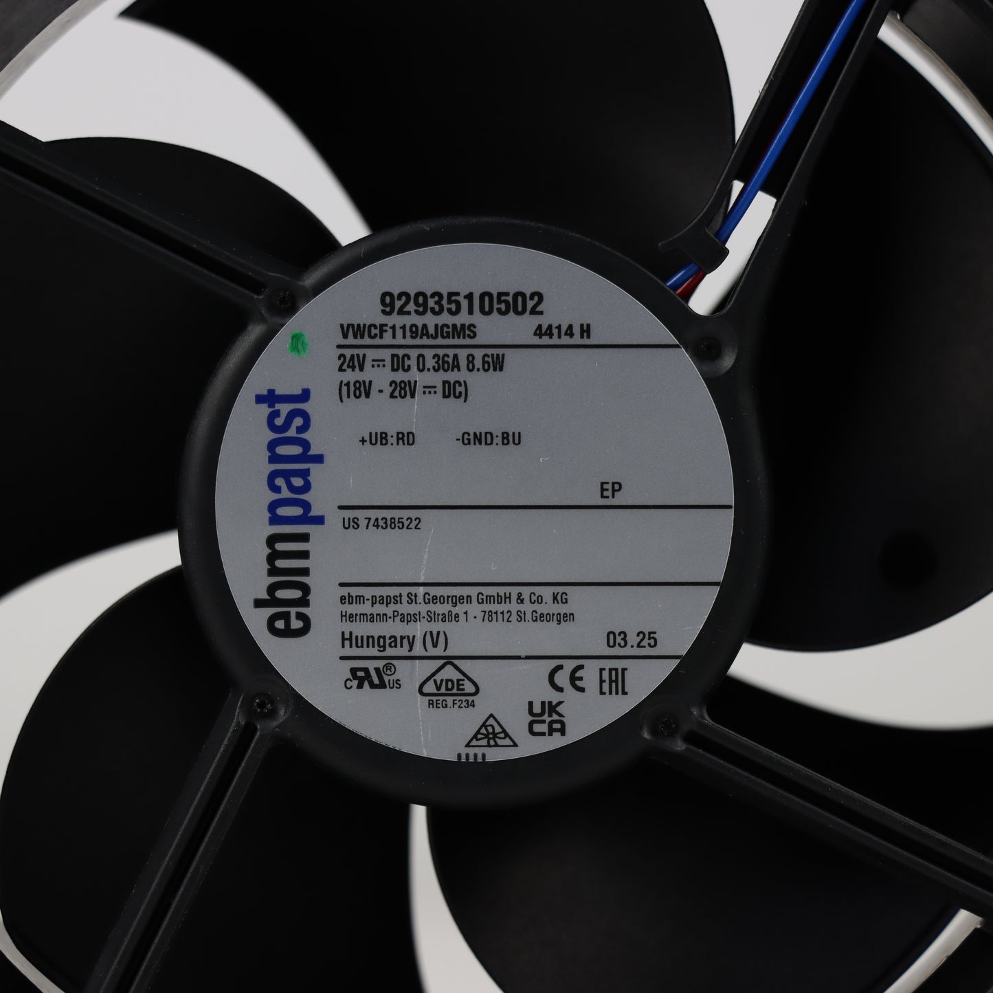 Nameplate detail of ebm-papst 4414H compact fan