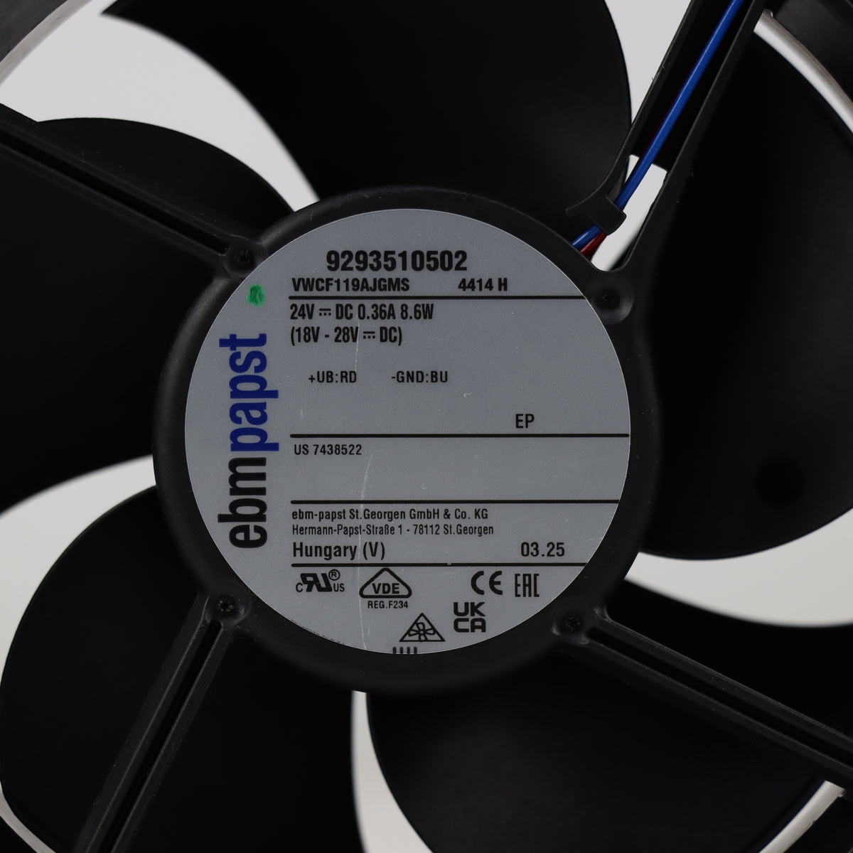 Nameplate detail of ebm-papst 4414H compact fan