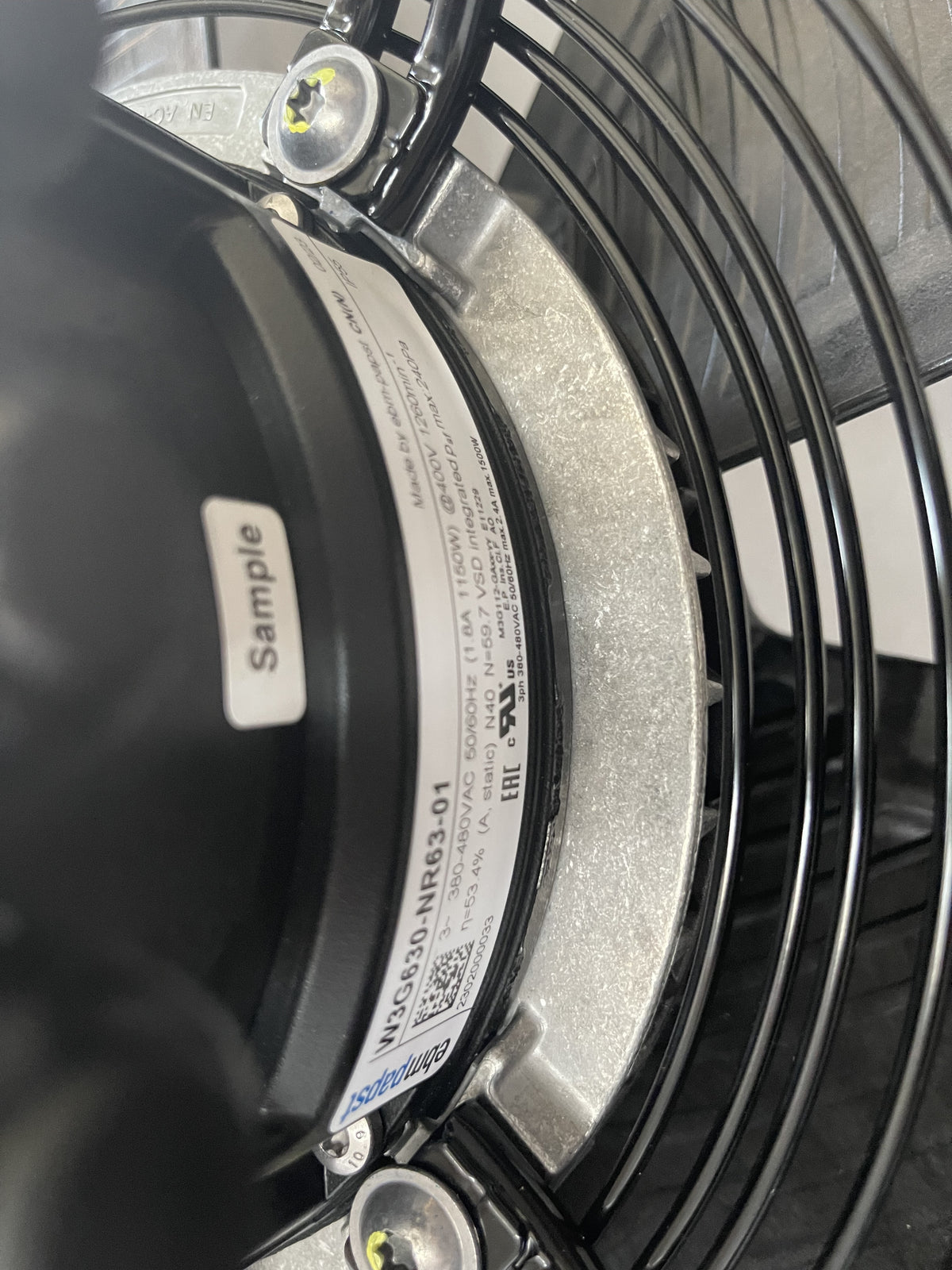 Nameplate detail of ebm-papst W3G630-NR63-01 axial fan