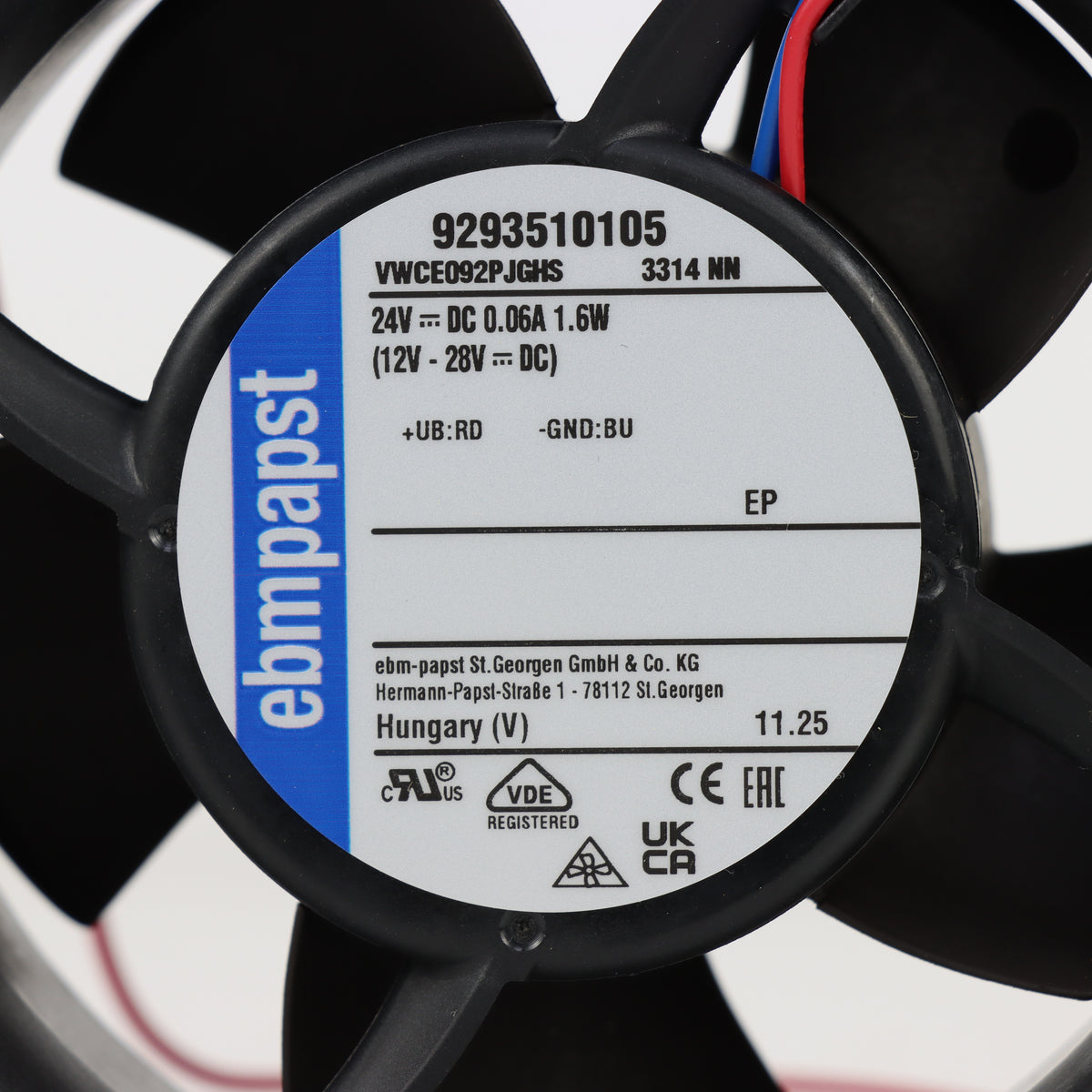 Nameplate detail of ebm-papst 3314NN compact fan