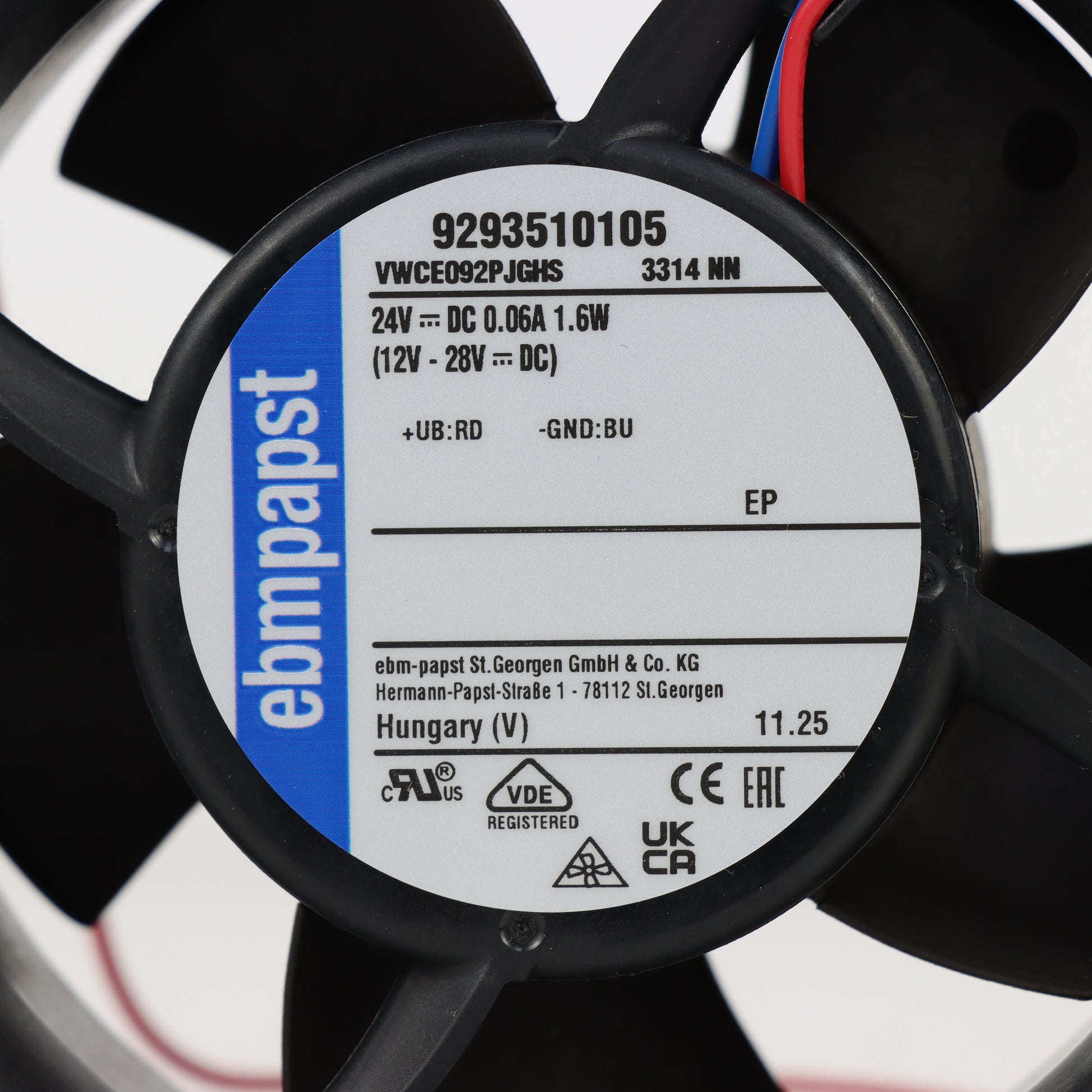 Nameplate detail of ebm-papst 3314NN compact fan