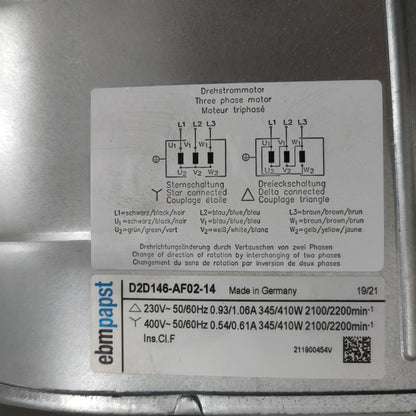 Nameplate detail of ebm-papst D2D146-AF02-14 centrifugal fan