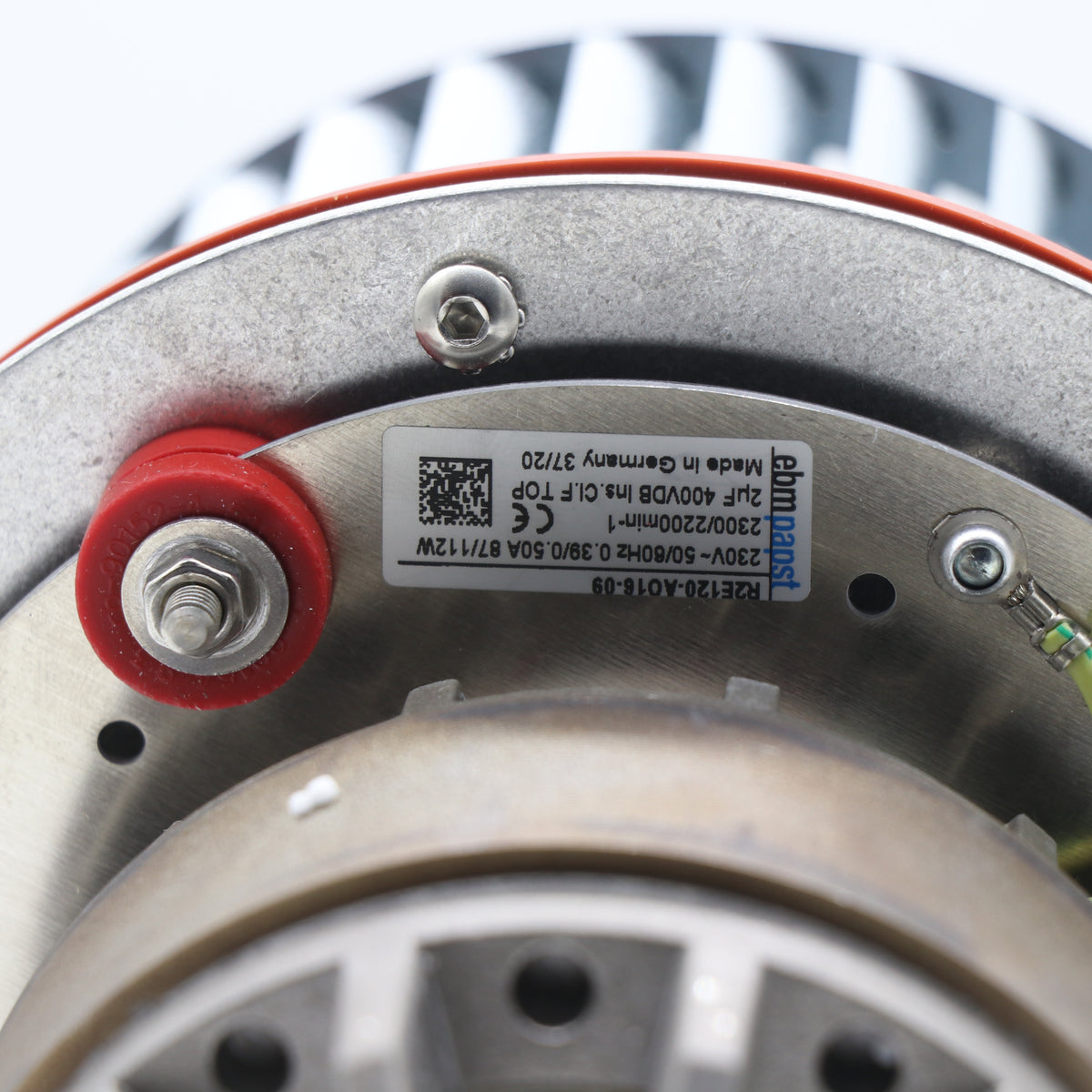 Nameplate detail of ebm-papst R2E120-AO16-09 centrifugal fan