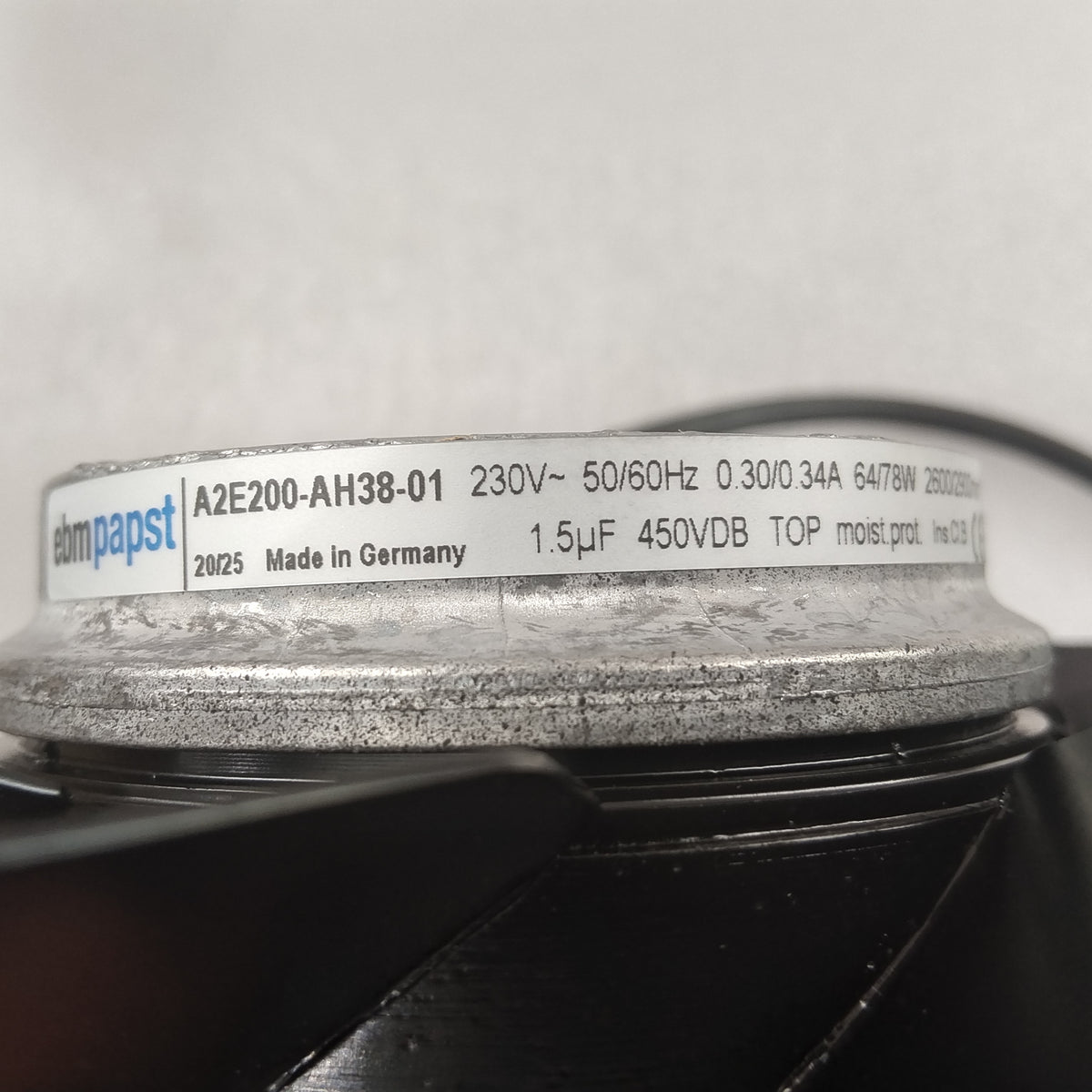 Nameplate detail of ebm-papst A2E200-AH38-01 axial fan
