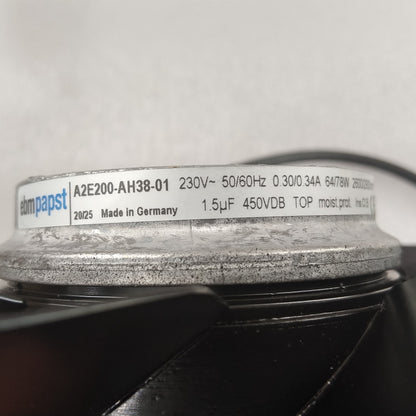 Nameplate detail of ebm-papst A2E200-AH38-01 axial fan