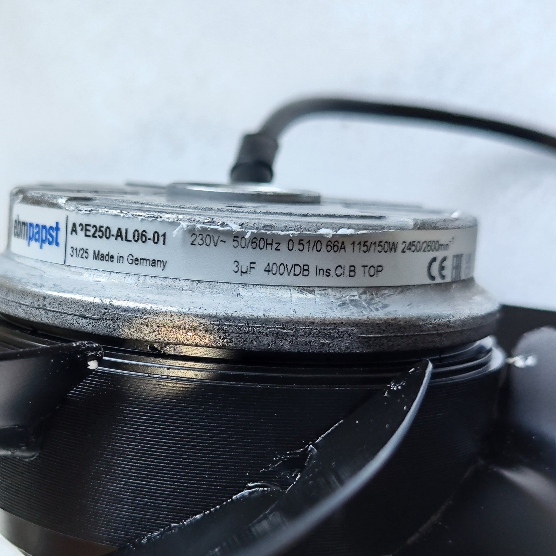 Nameplate detail of ebm-papst A2E250-AL06-01 axial fan