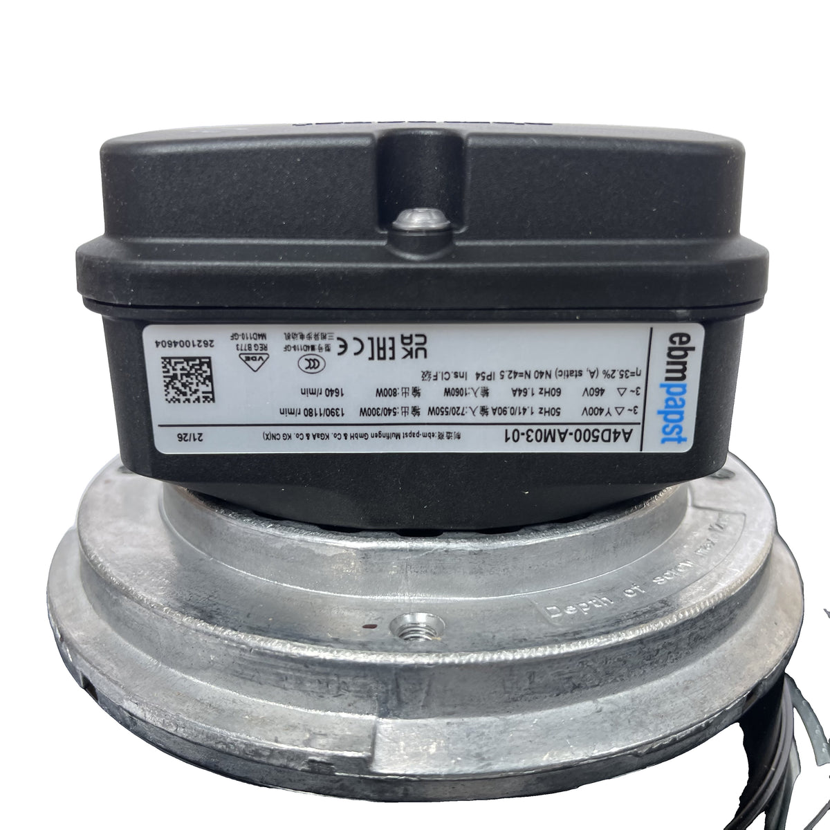 Nameplate detail of ebm-papst A4D500-AM03-01 axial fan