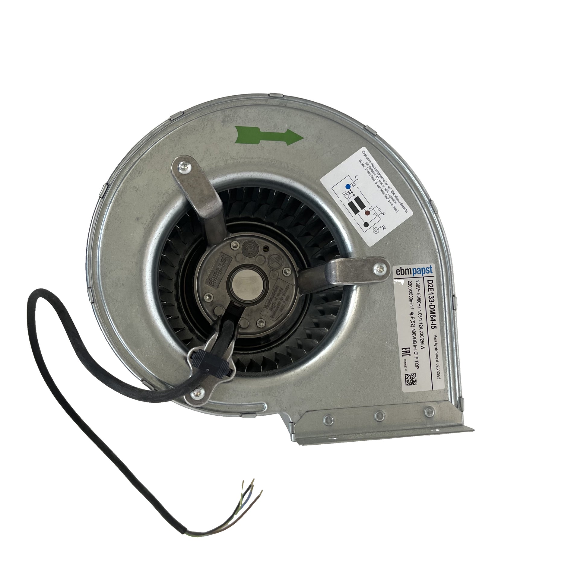 Front view of ebm-papst D2E133-DM64-I5 centrifugal fan
