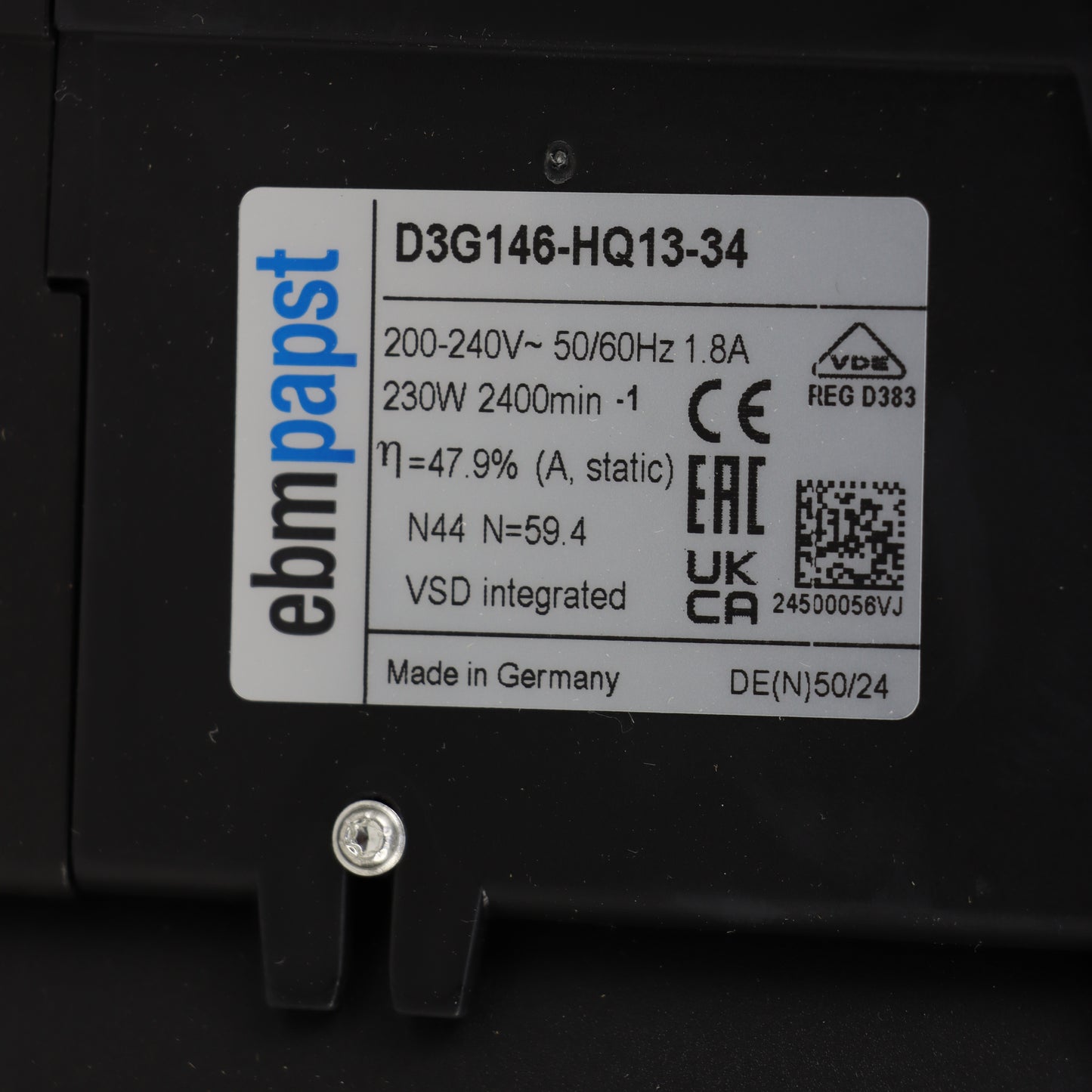 Nameplate detail of ebm-papst D3G146-HQ13-34 centrifugal fan