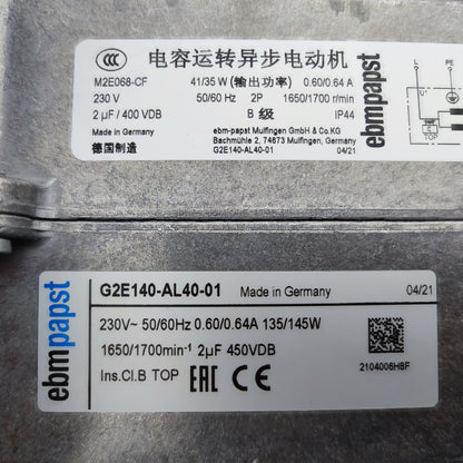 Nameplate detail of ebm-papst G2E140-AL40-01 centrifugal fan