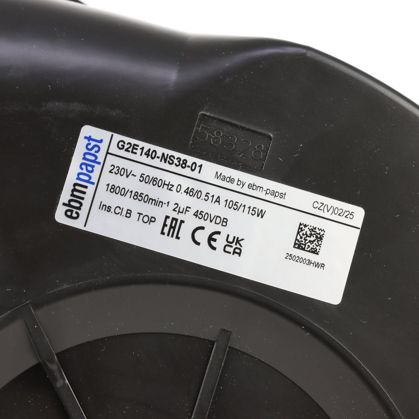 Nameplate detail of ebm-papst G2E140-NS38-01 centrifugal fan