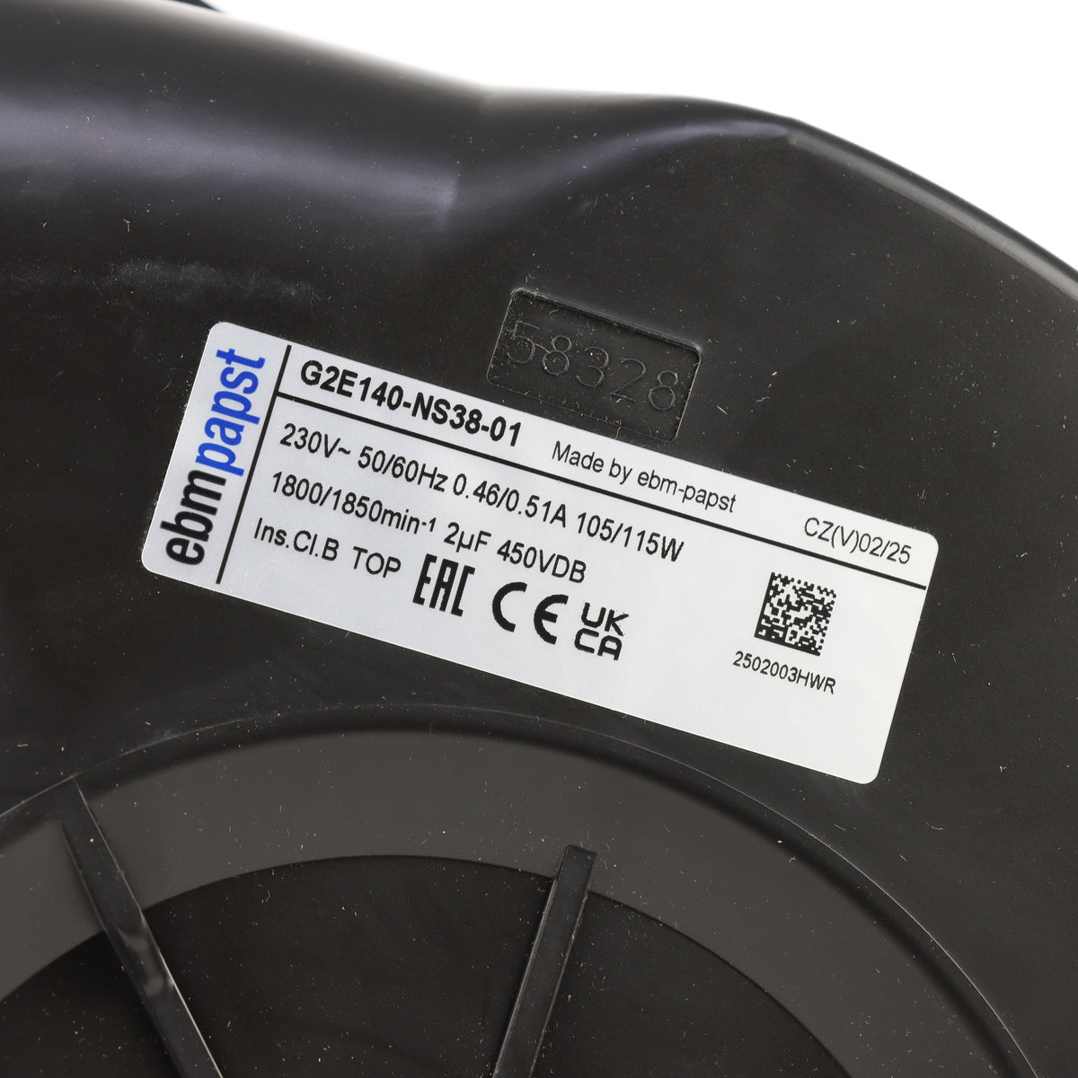 Nameplate detail of ebm-papst G2E140-NS38-01 centrifugal fan