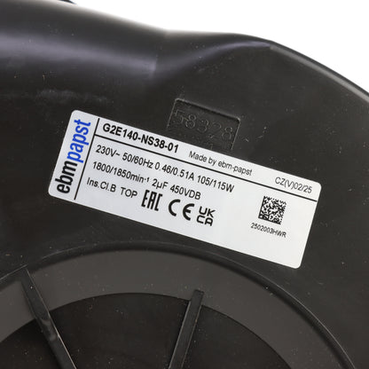 Nameplate detail of ebm-papst G2E140-NS38-01 centrifugal fan