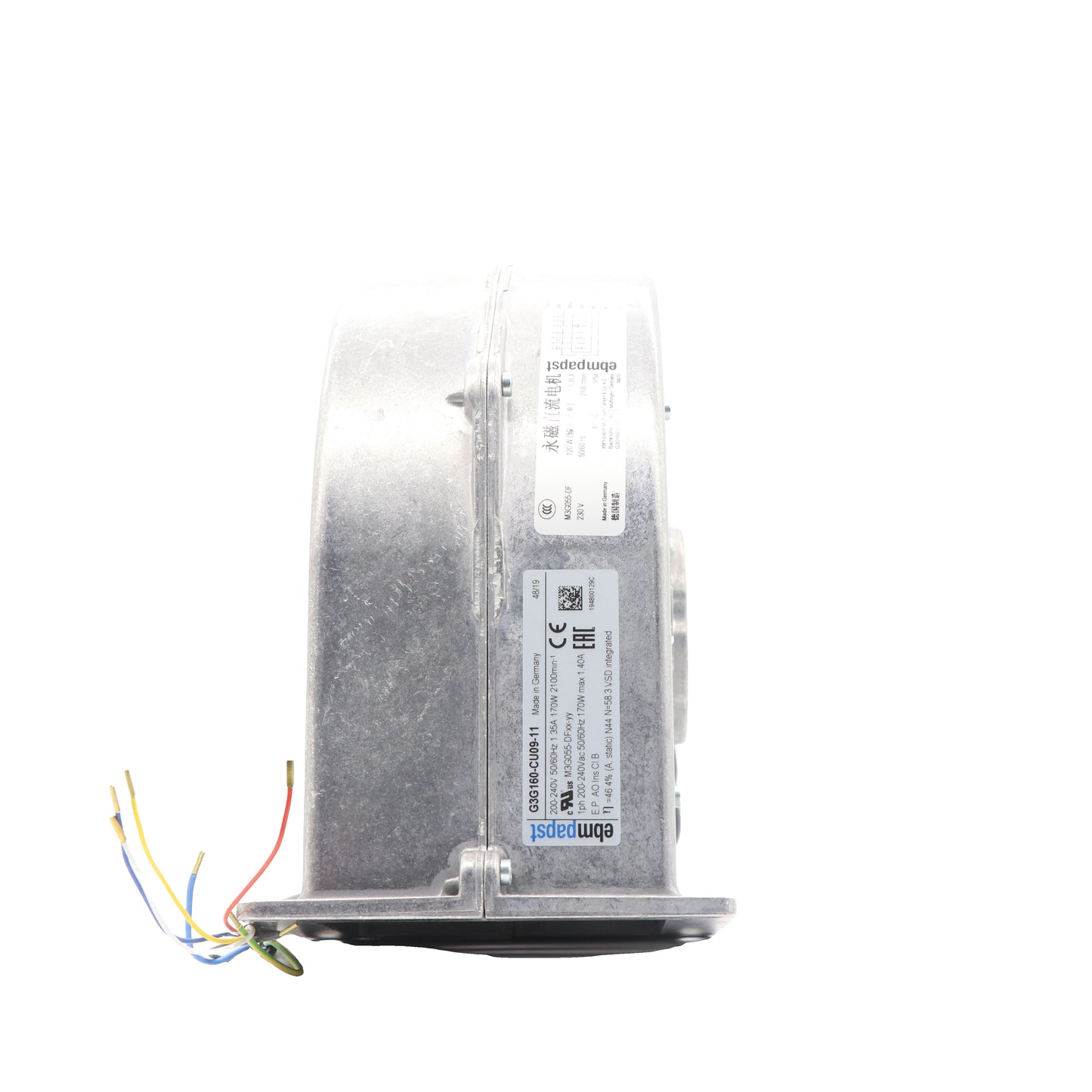 Side view of ebm-papst G3G160-CU09-11 centrifugal fan