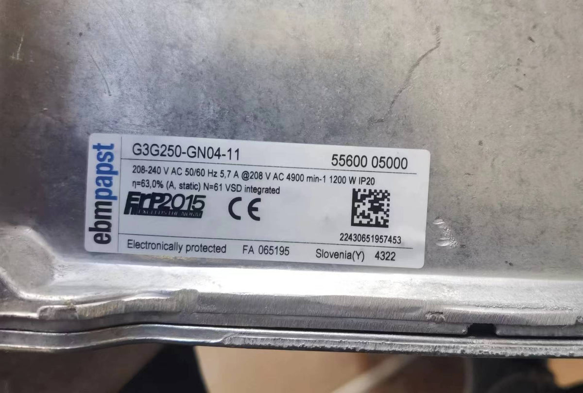 Nameplate detail of ebm-papst G3G250-GN04-11 centrifugal fan