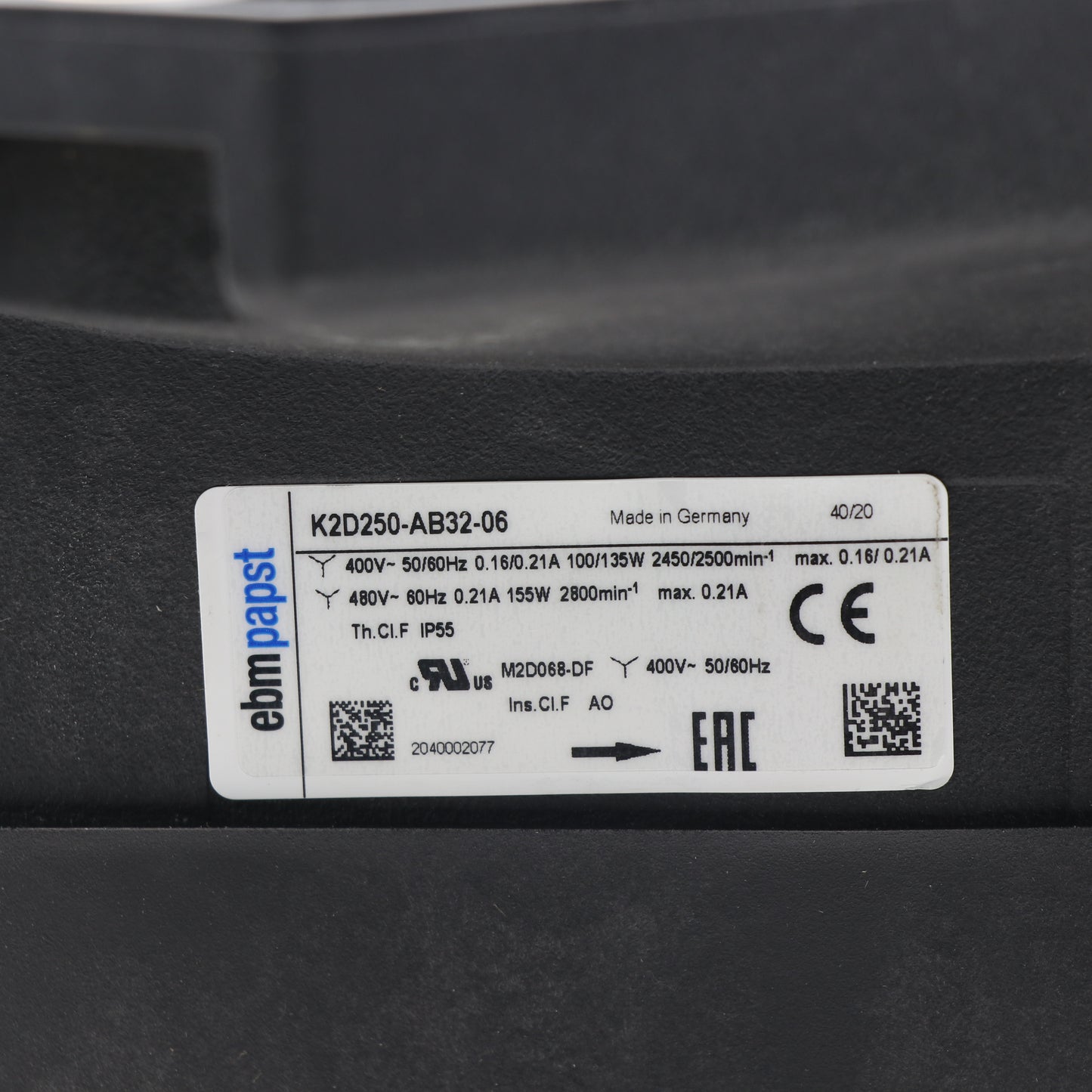 Nameplate detail of ebm-papst K2D250-AB32-06 industrial fan