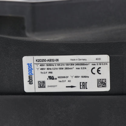 Nameplate detail of ebm-papst K2D250-AB32-06 industrial fan