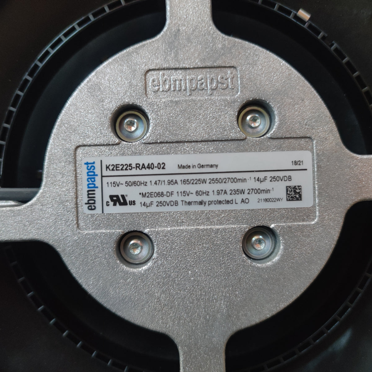 Nameplate detail of ebm-papst K2E225-RA40-02 centrifugal fan