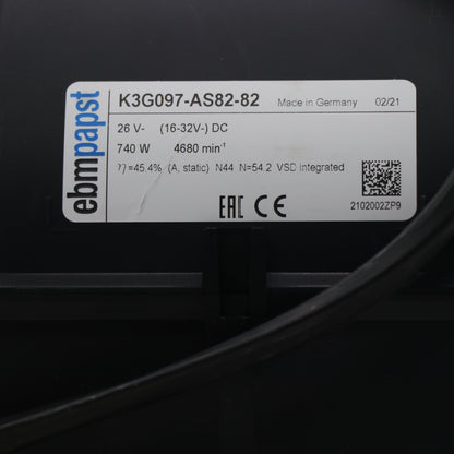 Nameplate detail of ebm-papst K3G097-AS82-82 centrifugal fan