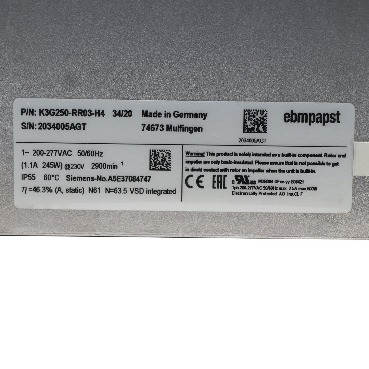 ebm-papst 250mm K3G250-RR03-H4 Centrifugal Fan 705m³/h