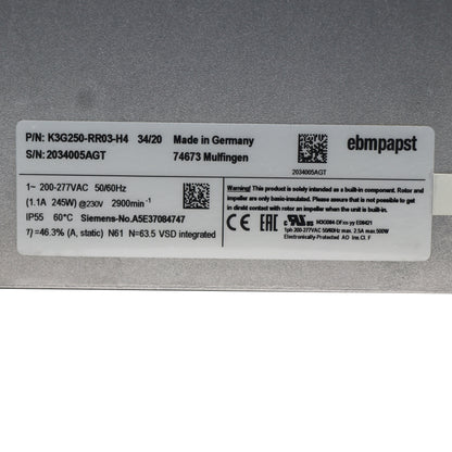ebm-papst 250mm K3G250-RR03-H4 Centrifugal Fan 705m³/h