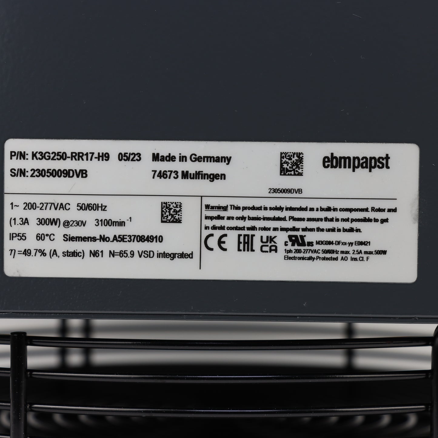 Nameplate detail of ebm-papst K3G250-RR17-H9 centrifugal fan