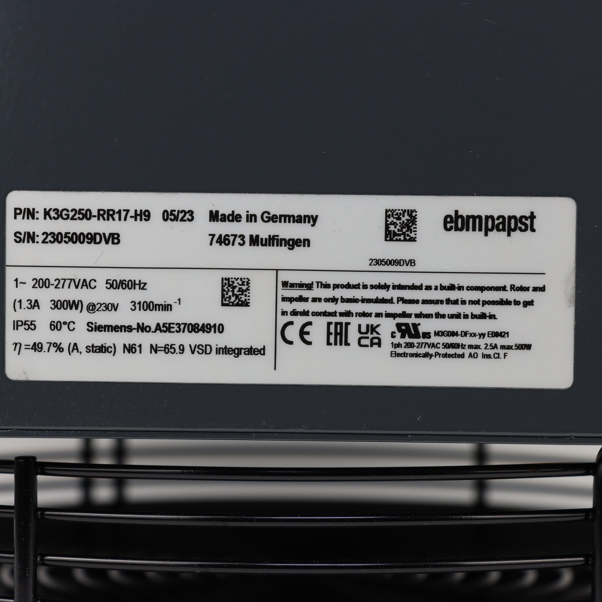 Nameplate detail of ebm-papst K3G250-RR17-H9 centrifugal fan