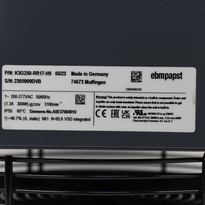 Nameplate detail of ebm-papst K3G250-RR17-H9 centrifugal fan